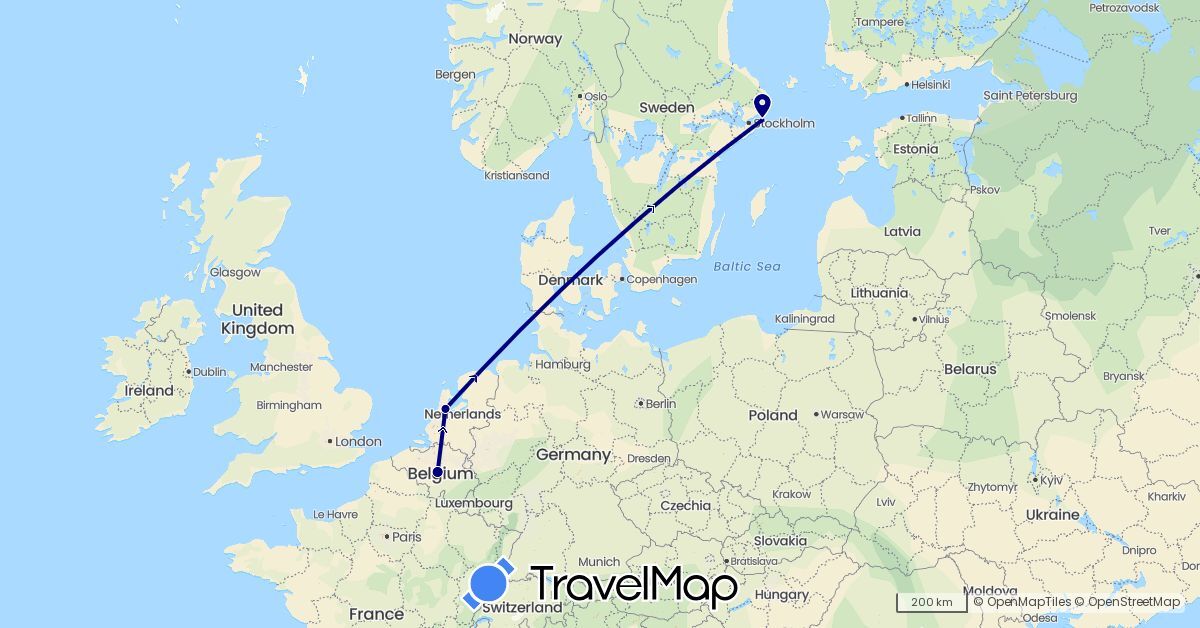 TravelMap itinerary: driving in Belgium, Netherlands, Sweden (Europe)